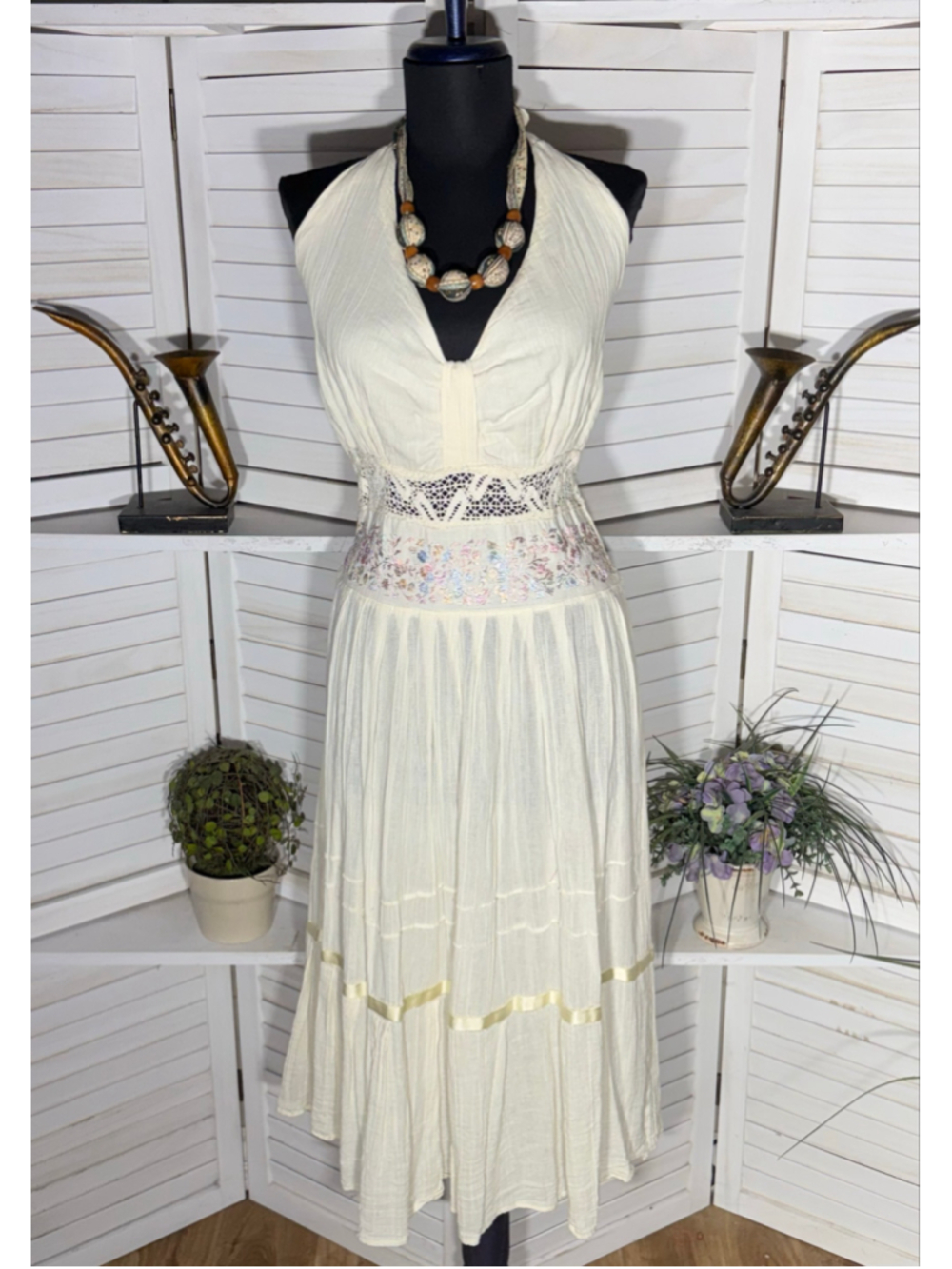 Vintage halter dress cream gauze cotton full crochet embroidery fairy coquette M